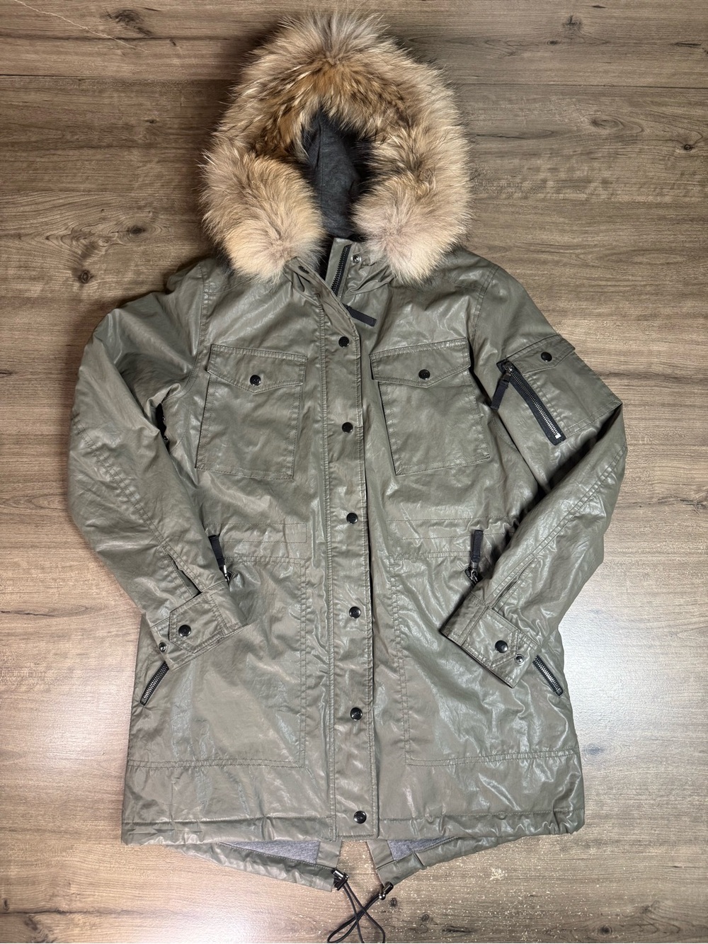 SAM New York Hudson Parka S Designer Cotton Real Raccoon Fur Hood Army Green